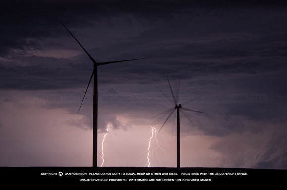 Lightning and wind turbines at night